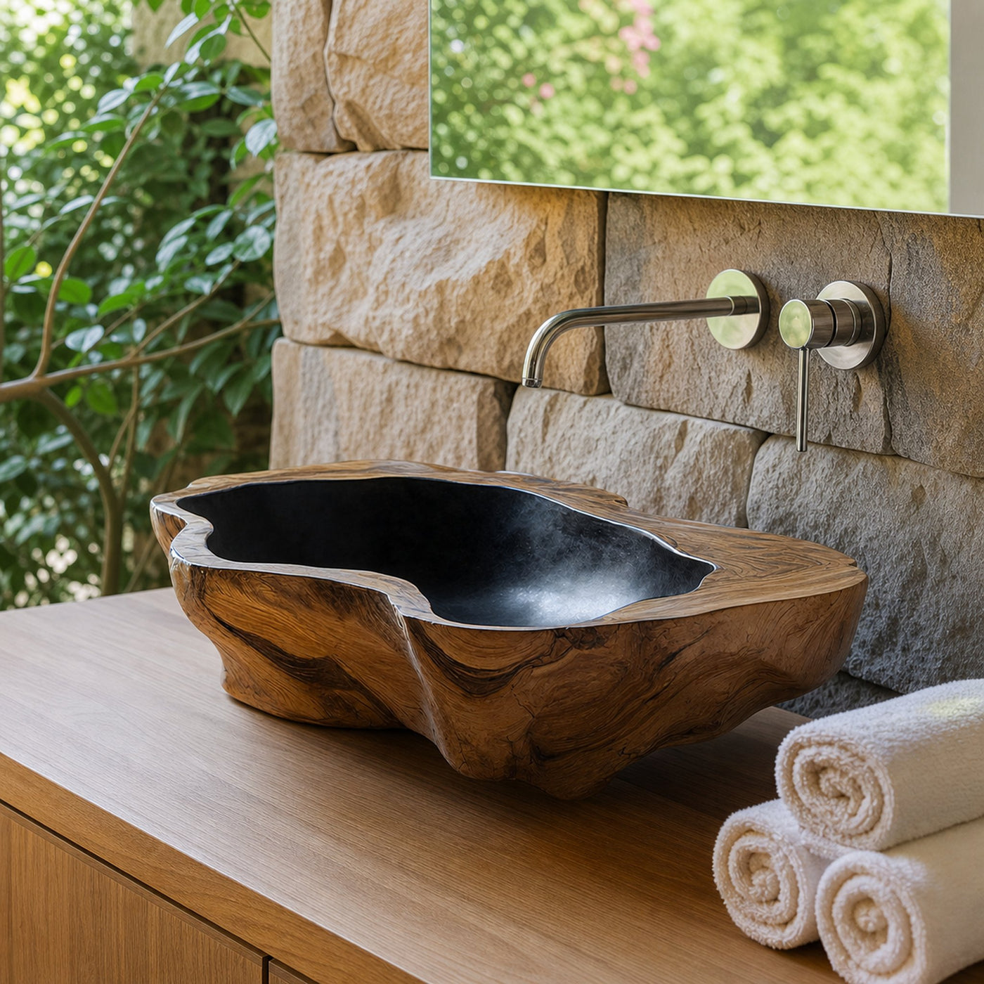 Handcrafted Mid Century Wood Wash Basin For Bathroom - product view 6