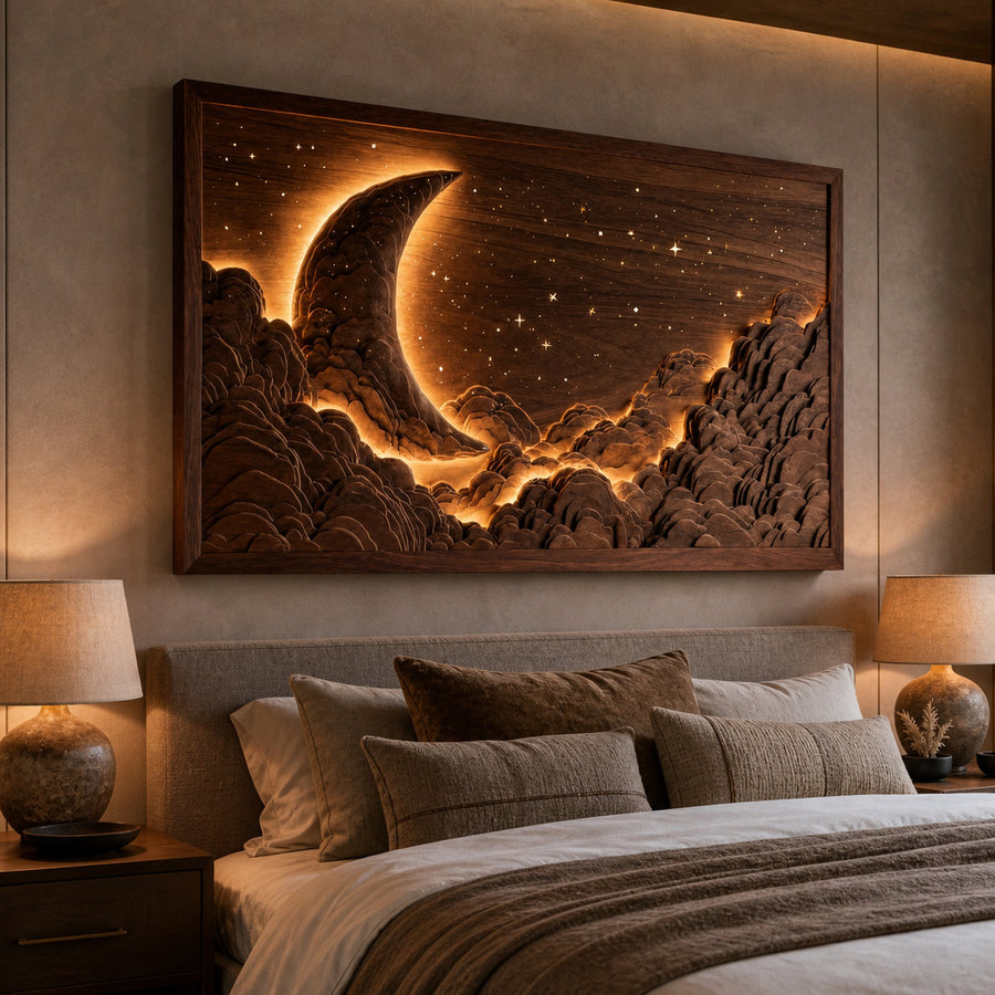 Handcrafted Moon Stars Wooden Wall Art For Bedroom
