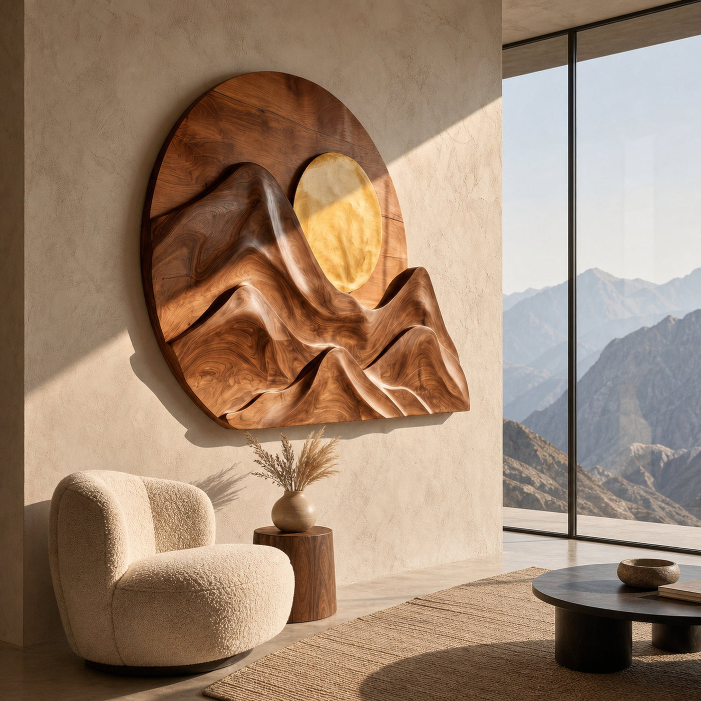 Handcrafted Mountain Sun Wood Wall Art For Living Room - product view 7