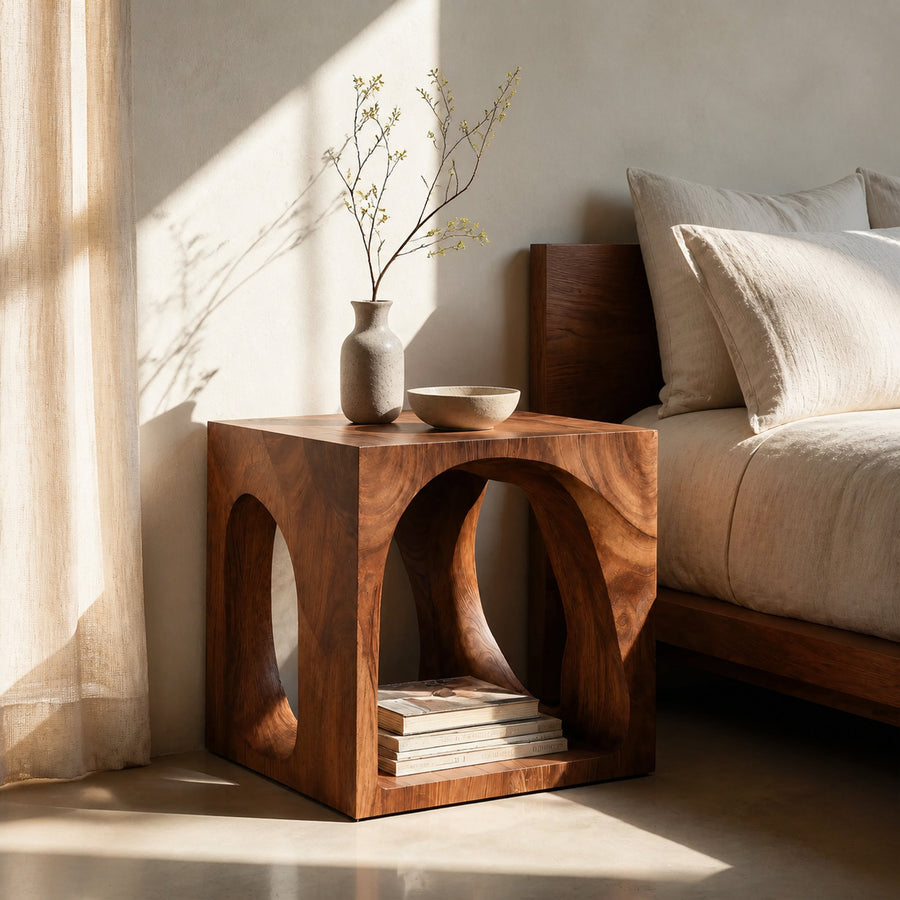 Handcrafted Nightstand With Curved Cutout For Bedroom