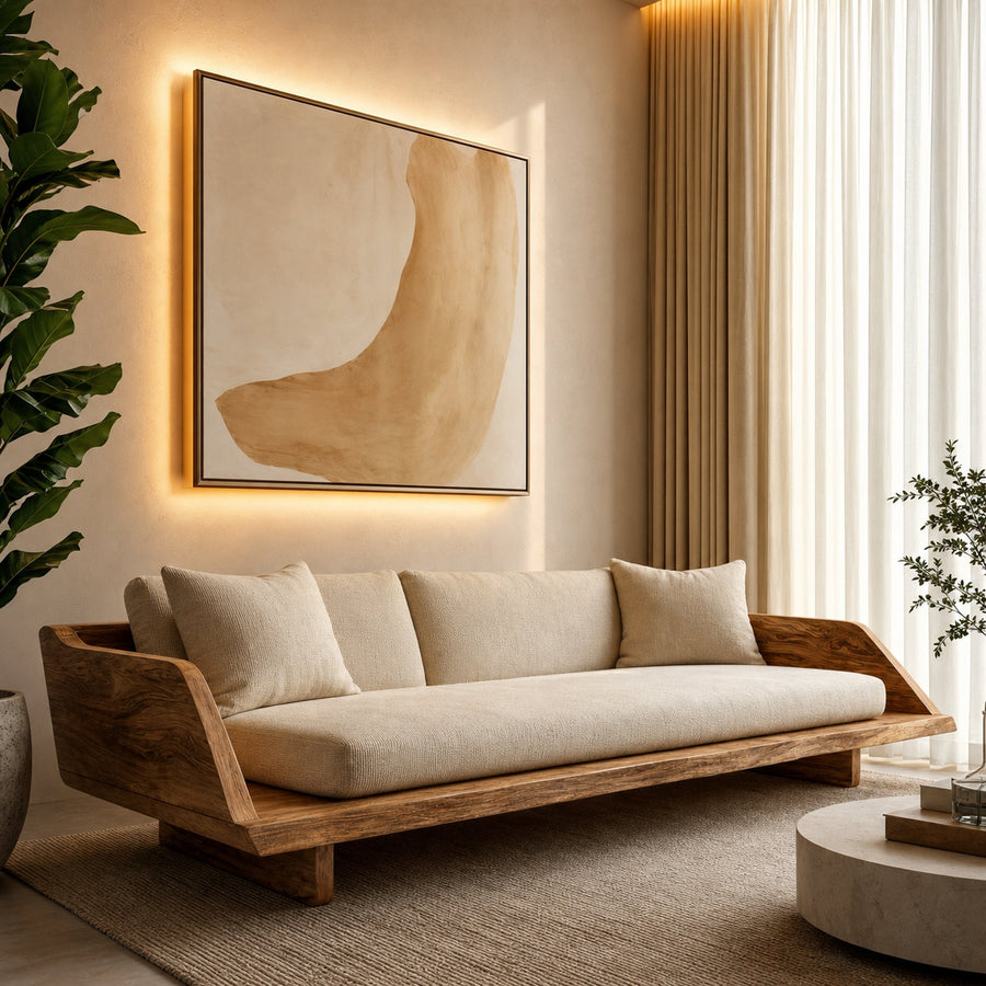 Handcrafted Sofa Frame With Sculptural Wooden Base For Living Room