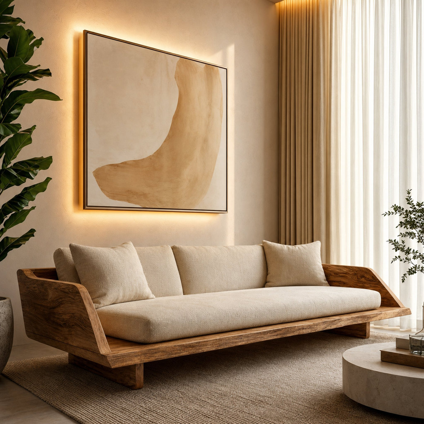 Handcrafted Sofa Frame With Sculptural Wooden Base For Living Room