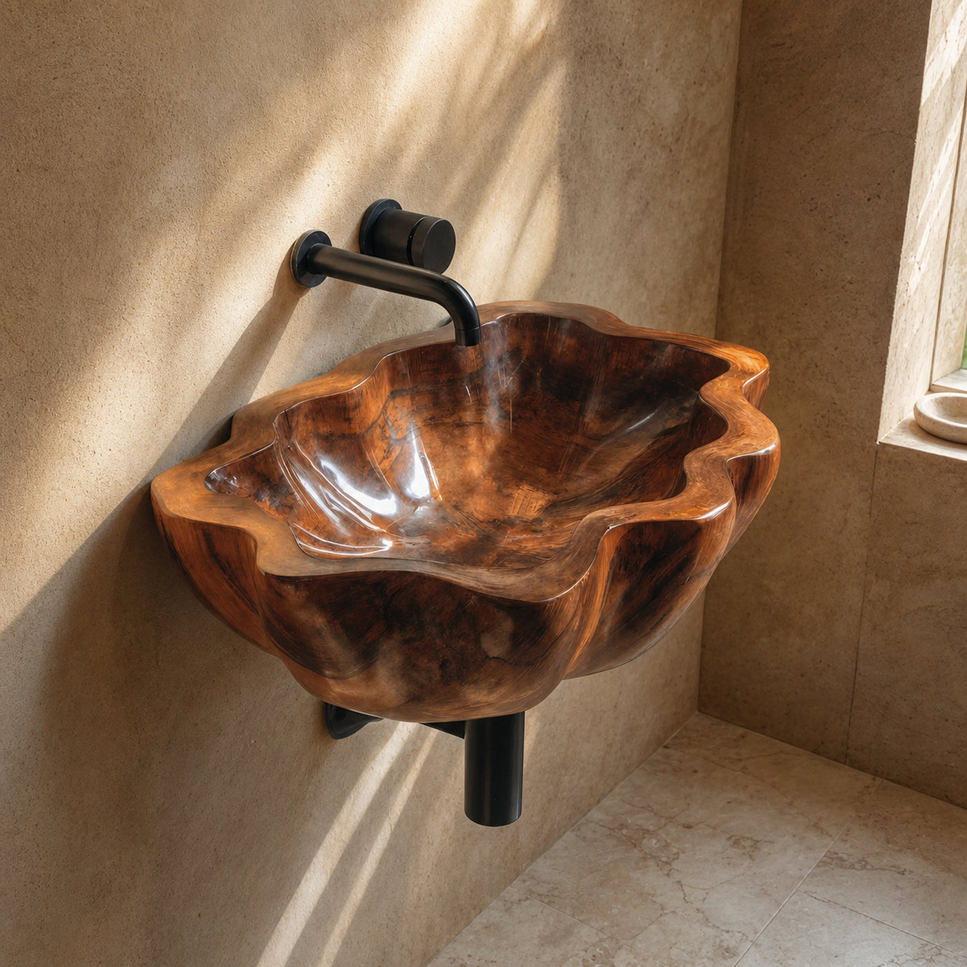 Handcrafted Solid Wood Wash Basin For Artistic Bathroom Interior Decor