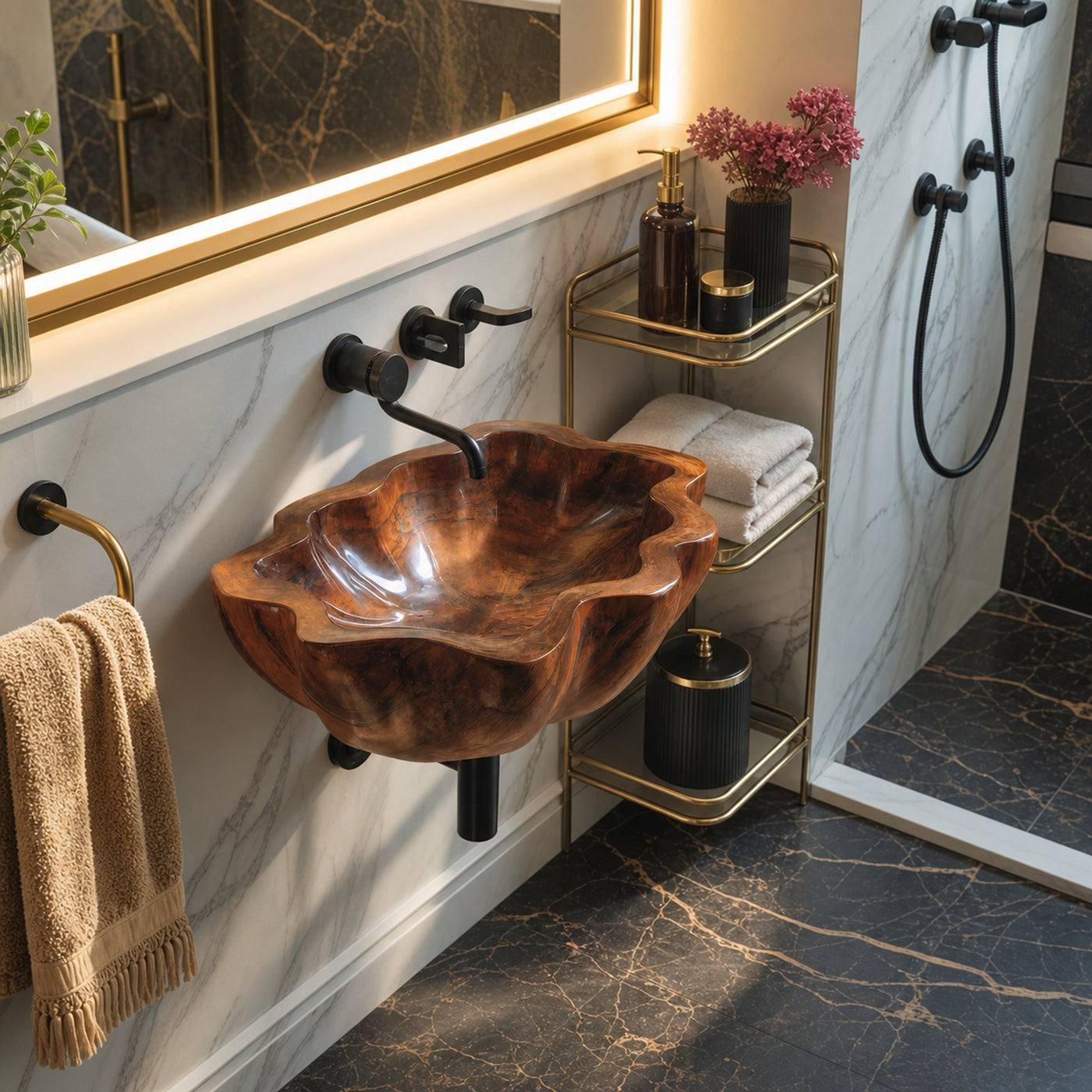 Handcrafted Solid Wood Wash Basin For Artistic Bathroom Interior Decor - product view 6