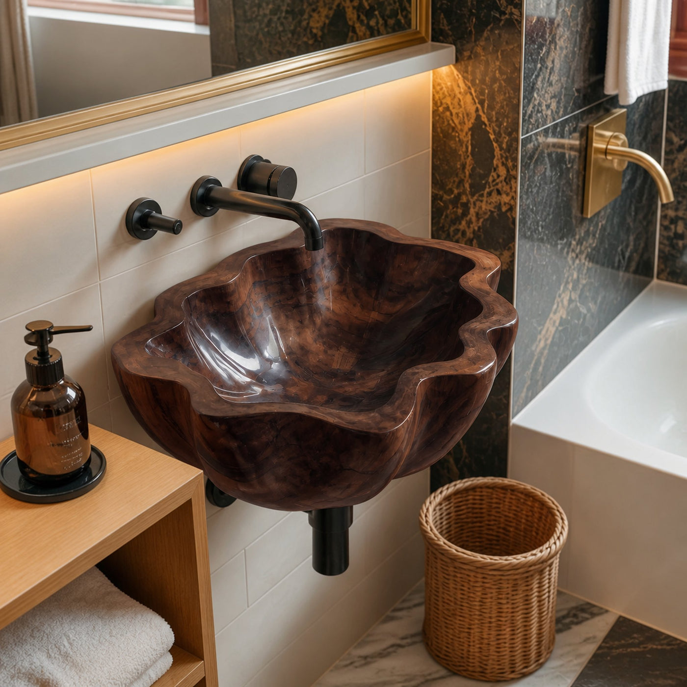 Handcrafted Solid Wood Wash Basin For Artistic Bathroom Interior Decor - product view 7