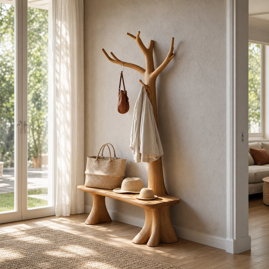 Handcrafted Tree Coat Rack With Bench Solid Wood Entryway Interior Functional Decor