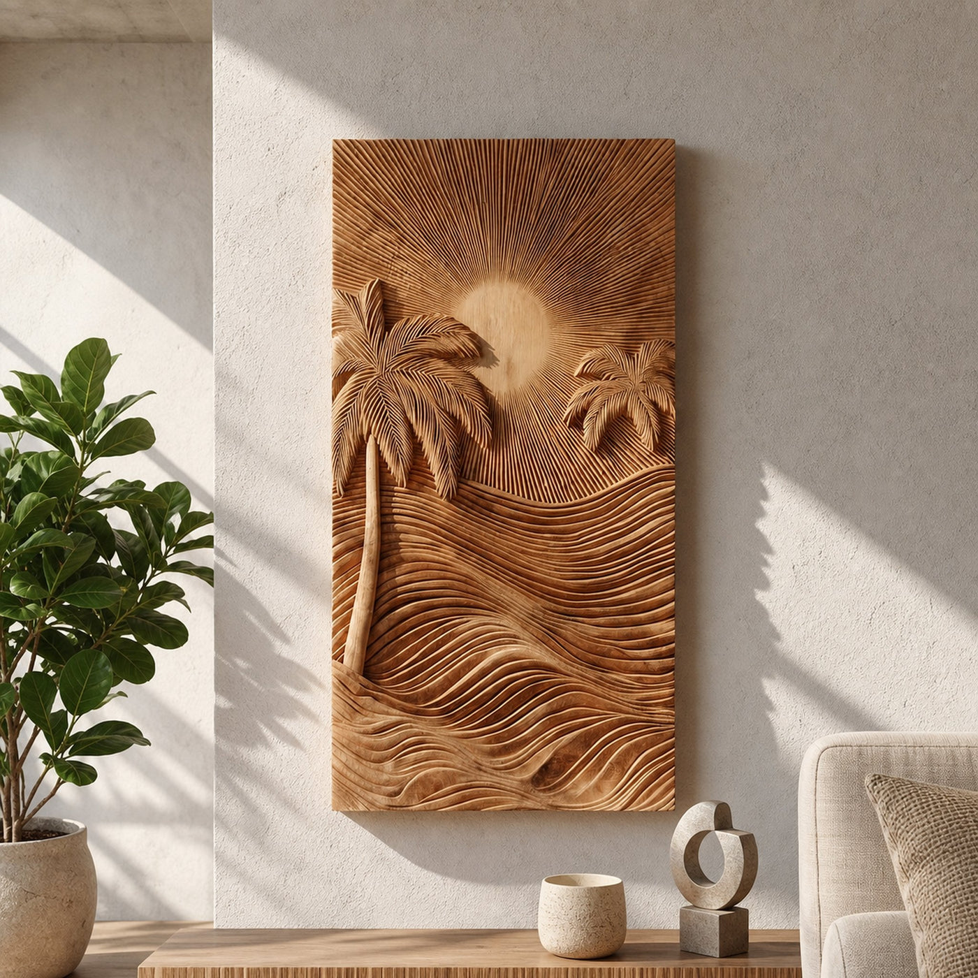 Handcrafted Tropical Wooden Wall Sculpture For Elegant Beach House Decor