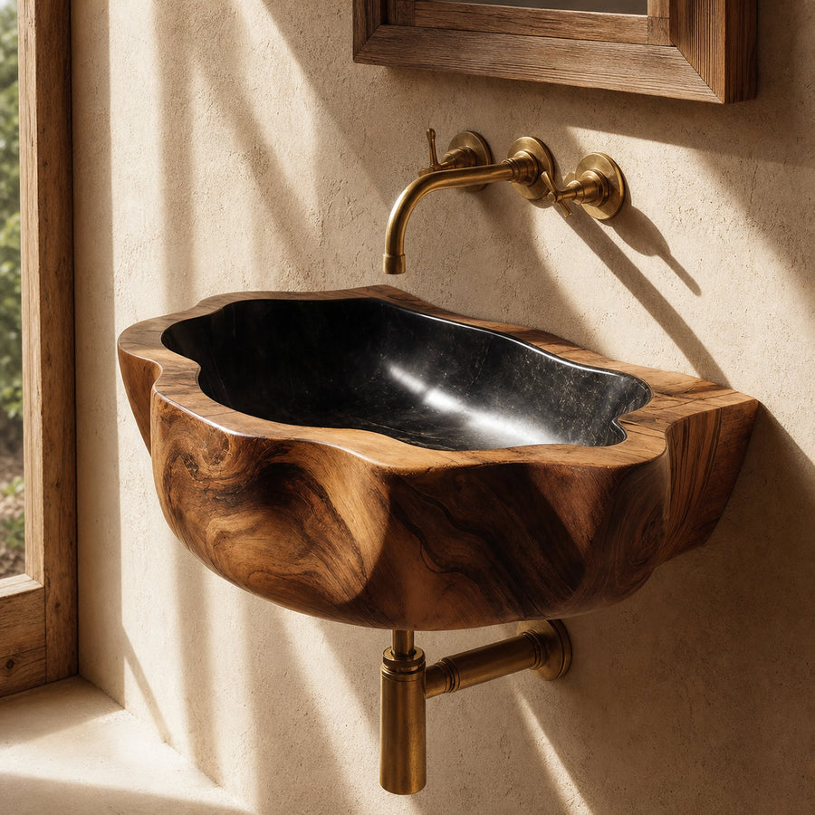 Handcrafted Wall Mounted Wooden Bathroom Sink For Natural Bathroom Decor