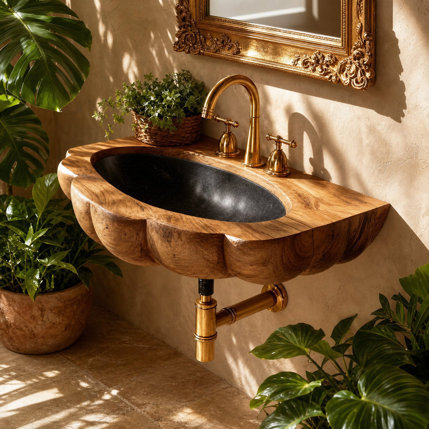 Handcrafted Wall Mounted Wooden Bathroom Sink For Premium Bathroom Design