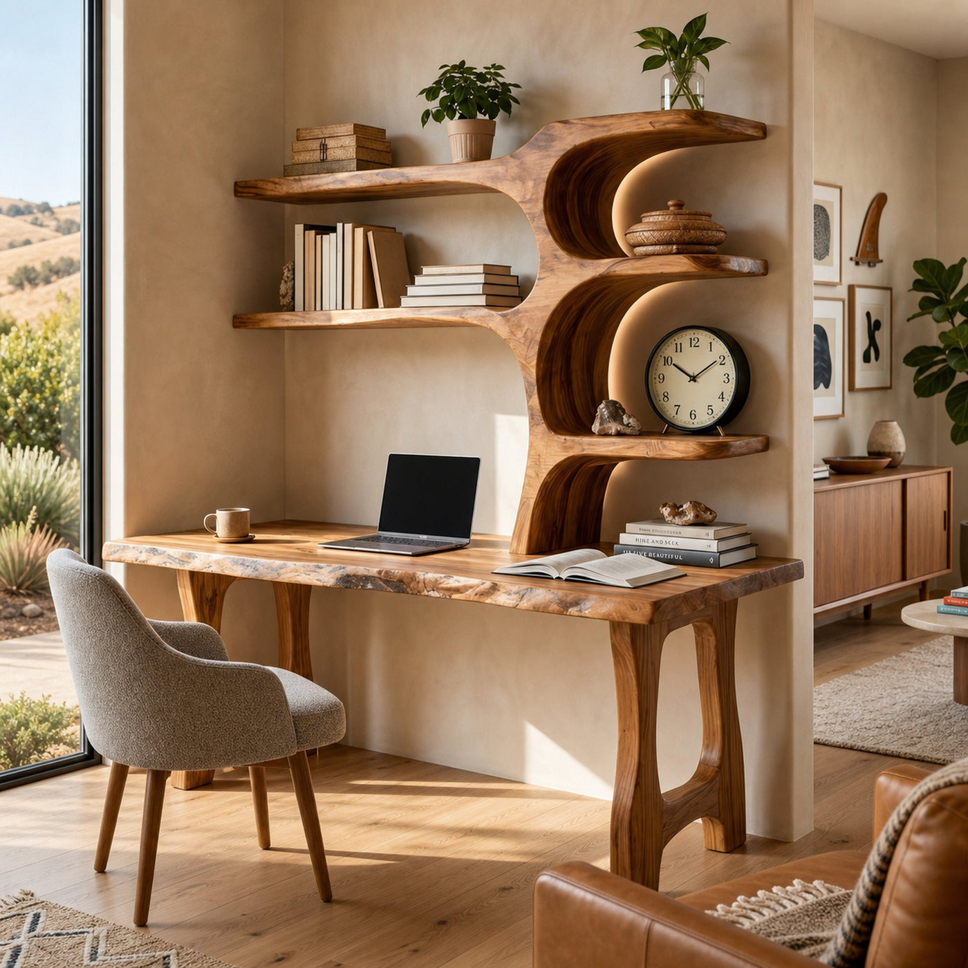 Handcrafted Wood Desk With Open Shelves For Workspace Decor
