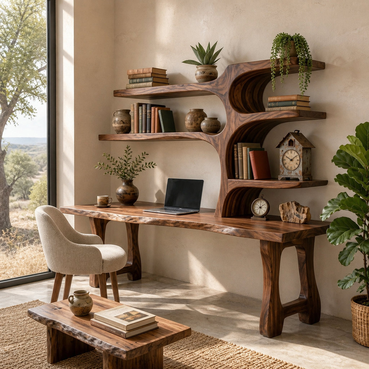 Handcrafted Wood Desk With Open Shelves For Workspace Decor - product view 7