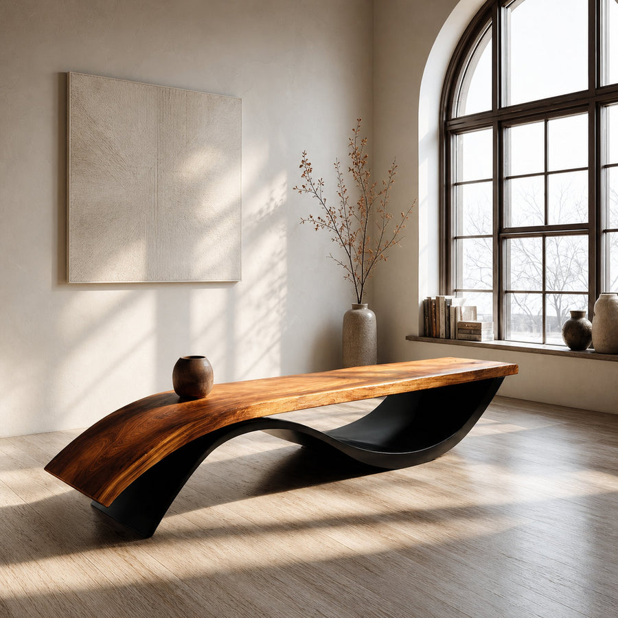 Handcrafted Wooden Bench With Unique Undulating Form For Living Room