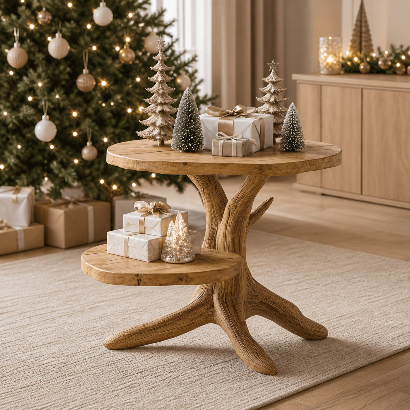 Handcrafted Wooden End Table For Living Room Christmas Accent Piece