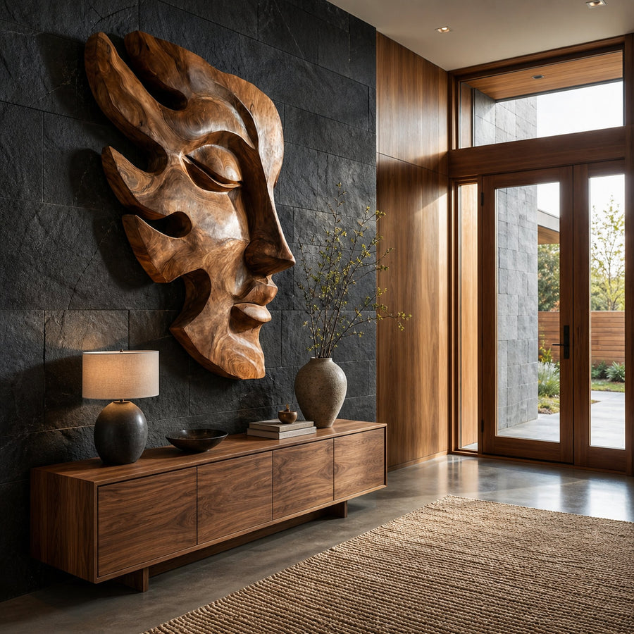 Handcrafted Wooden Face Wall Art With Sculptural Form For Interior