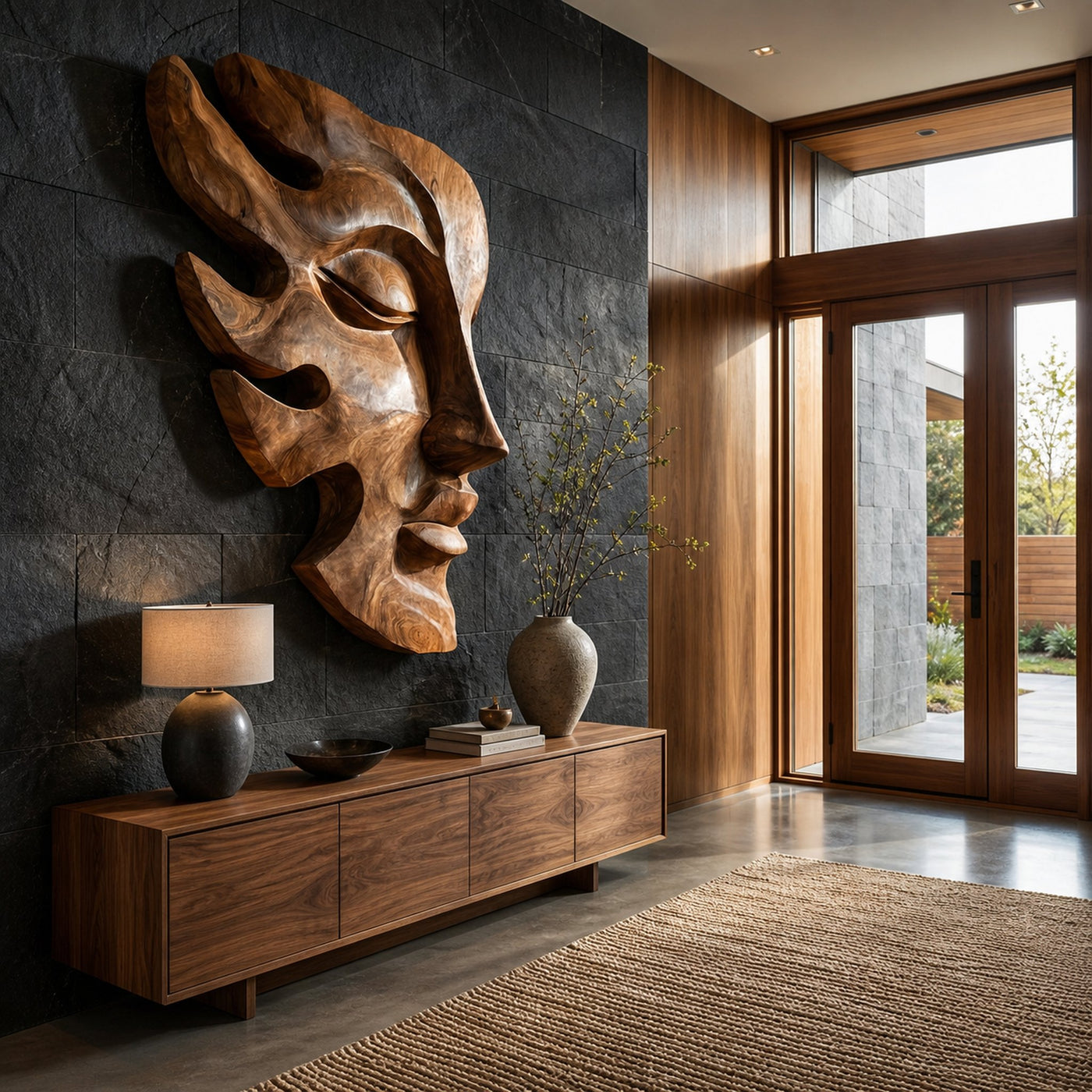 Handcrafted Wooden Face Wall Art With Sculptural Form For Interior