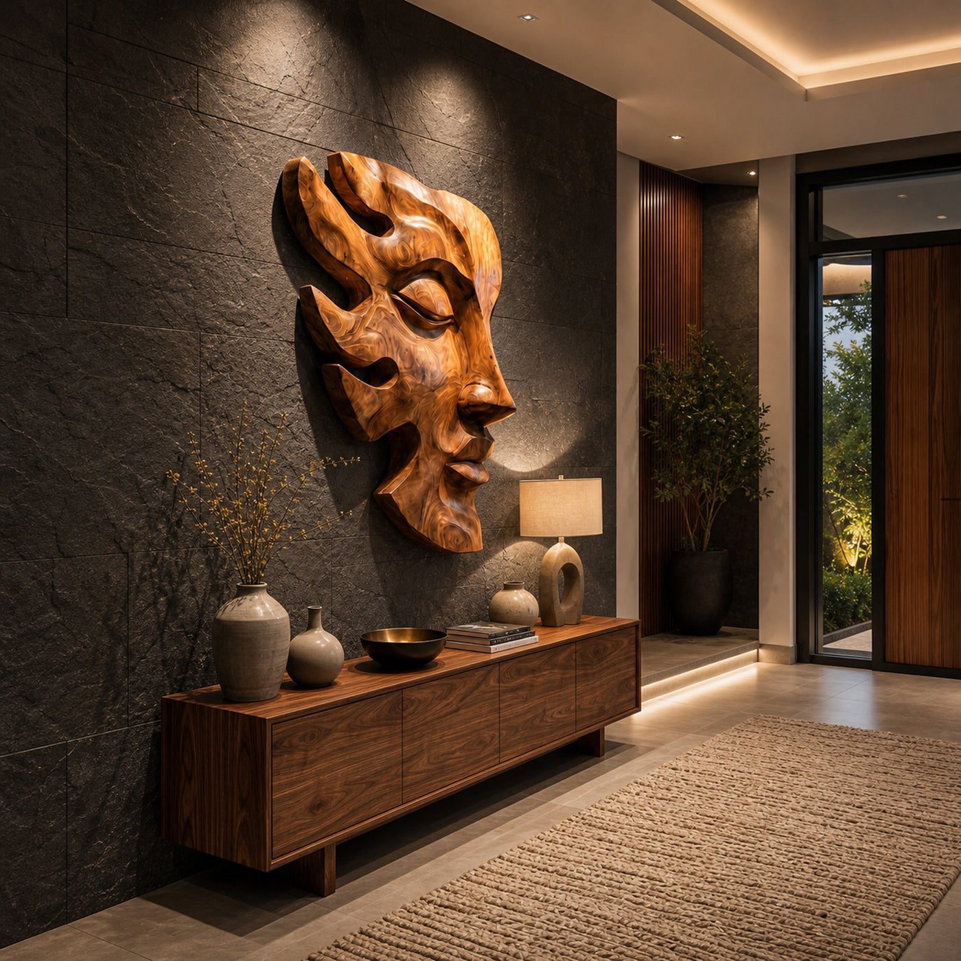 Handcrafted Wooden Face Wall Art With Sculptural Form For Interior - product view 6