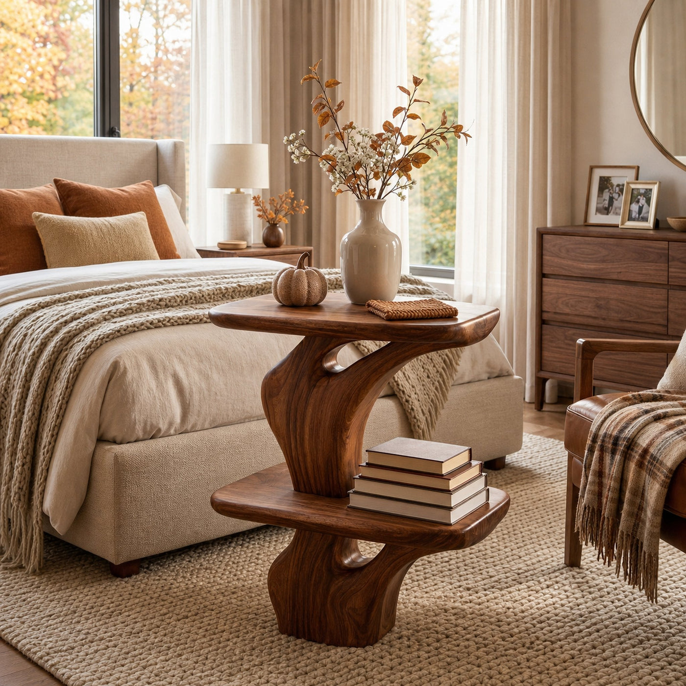 Handcrafted Wooden Nightstand Unique Two Tier Design For Bedroom - product view 7