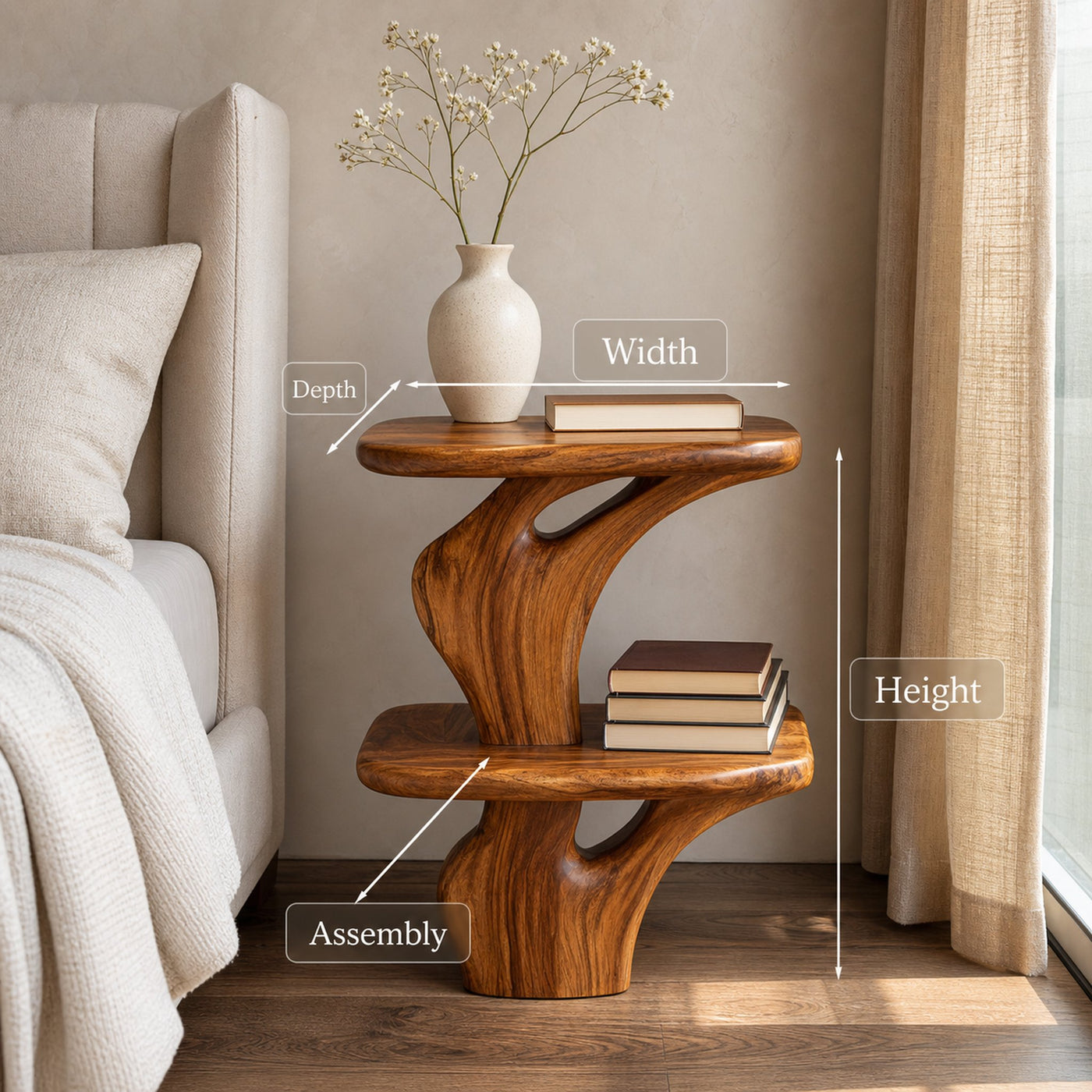 Handcrafted Wooden Nightstand Unique Two Tier Design For Bedroom - product view 8