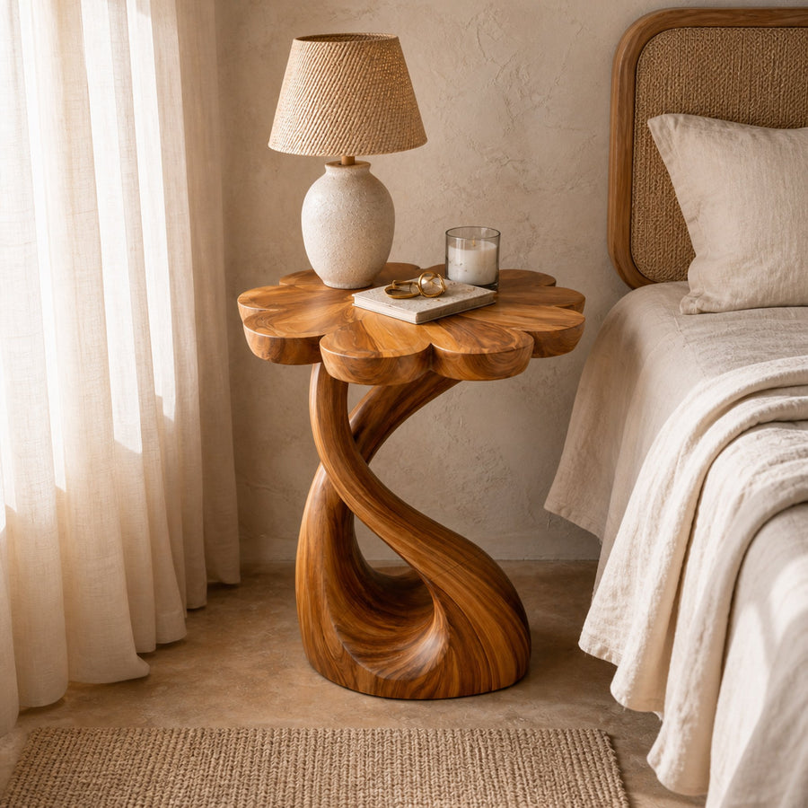 Handcrafted Wooden Nightstand With Floral-shaped Tabletop For Bedroom
