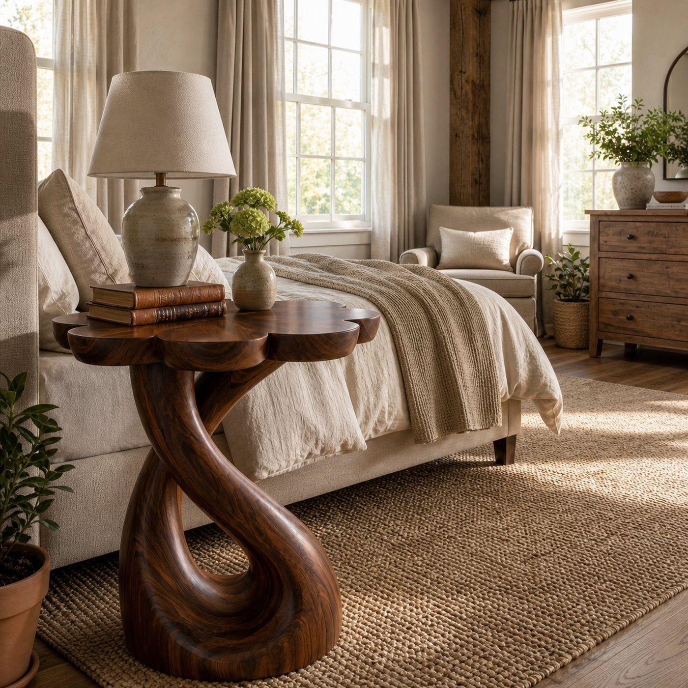 Handcrafted Wooden Nightstand With Floral-shaped Tabletop For Bedroom - product view 7