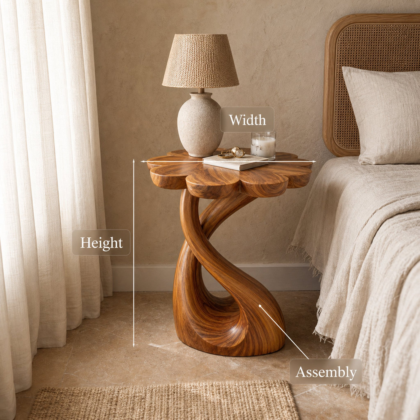 Handcrafted Wooden Nightstand With Floral-shaped Tabletop For Bedroom - product view 8