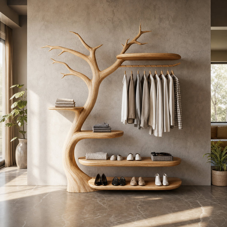Handcrafted Wooden Tree Coat Rack Bedroom Space