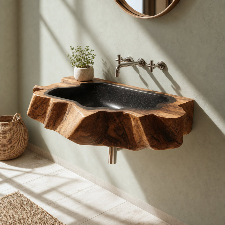 Handcrafted Wooden Wall Mounted Bathroom Sink For Natural Decor
