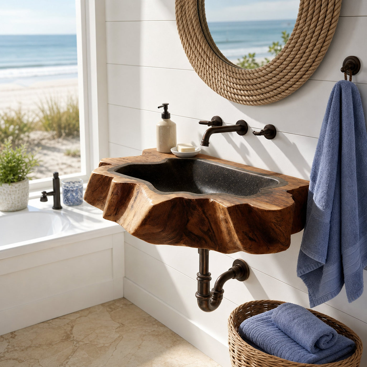 Handcrafted Wooden Wall Mounted Bathroom Sink For Natural Decor - product view 6