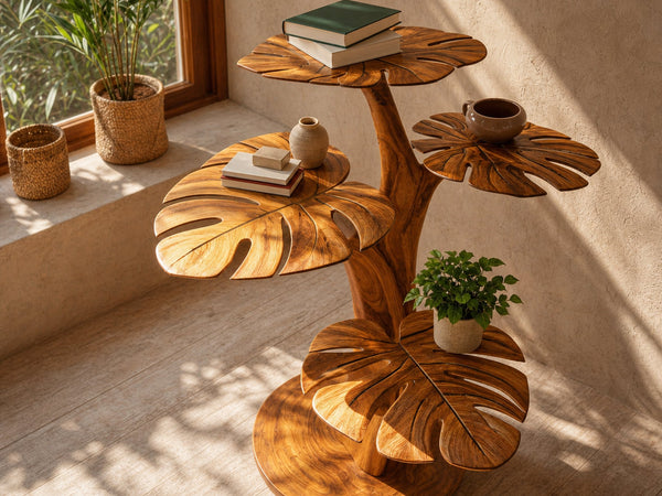 Handmade Wood Side Table With Leaf-shape Tabletop For Lounge