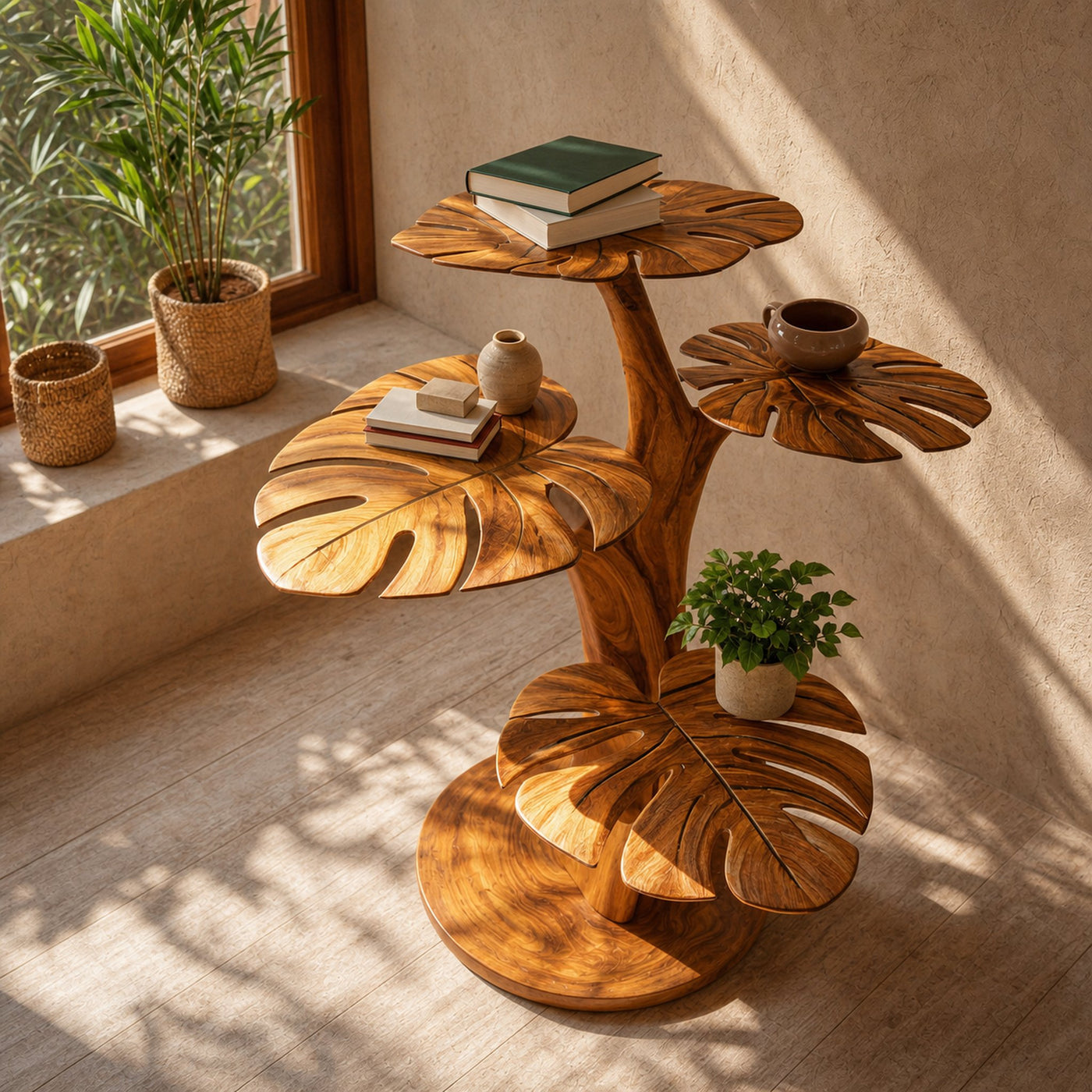 Handmade Wood Side Table With Leaf-shape Tabletop For Lounge