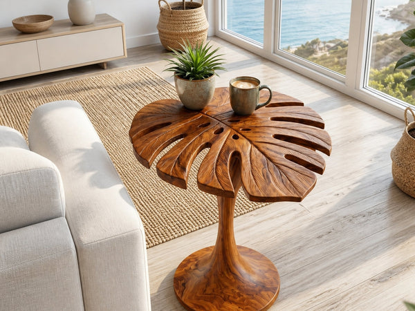 Handmade Wooden Side Table Leaf Shape Top For Sofa Side