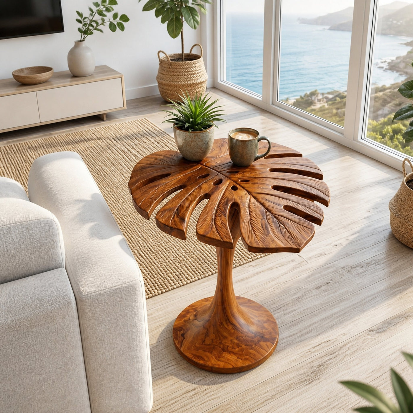 Handmade Wooden Side Table Leaf Shape Top For Sofa Side