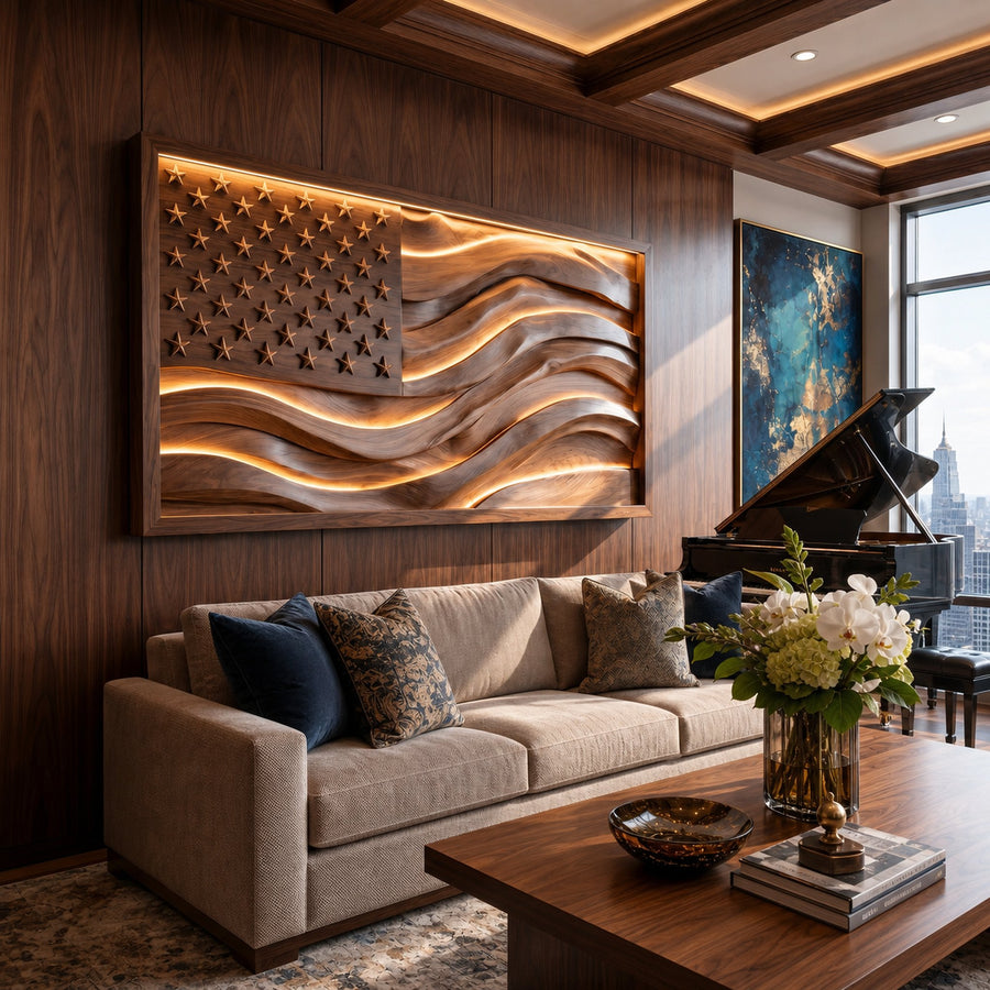 Illuminated American Flag Wood Wall Art Elegant Office Interior Decor
