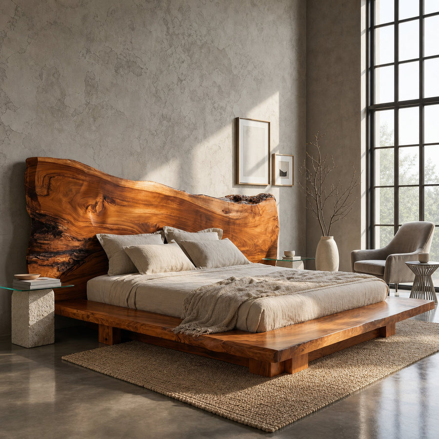 Japandi Bed Frame With Handcrafted Solid Wood Design For Bedroom