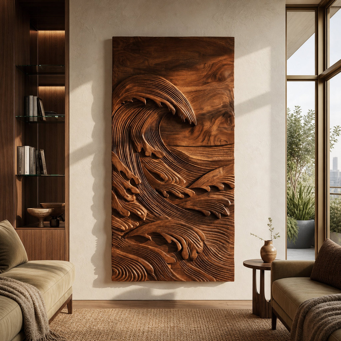 Japandi Style Carved Ocean Wood Wall Art For Home Interior