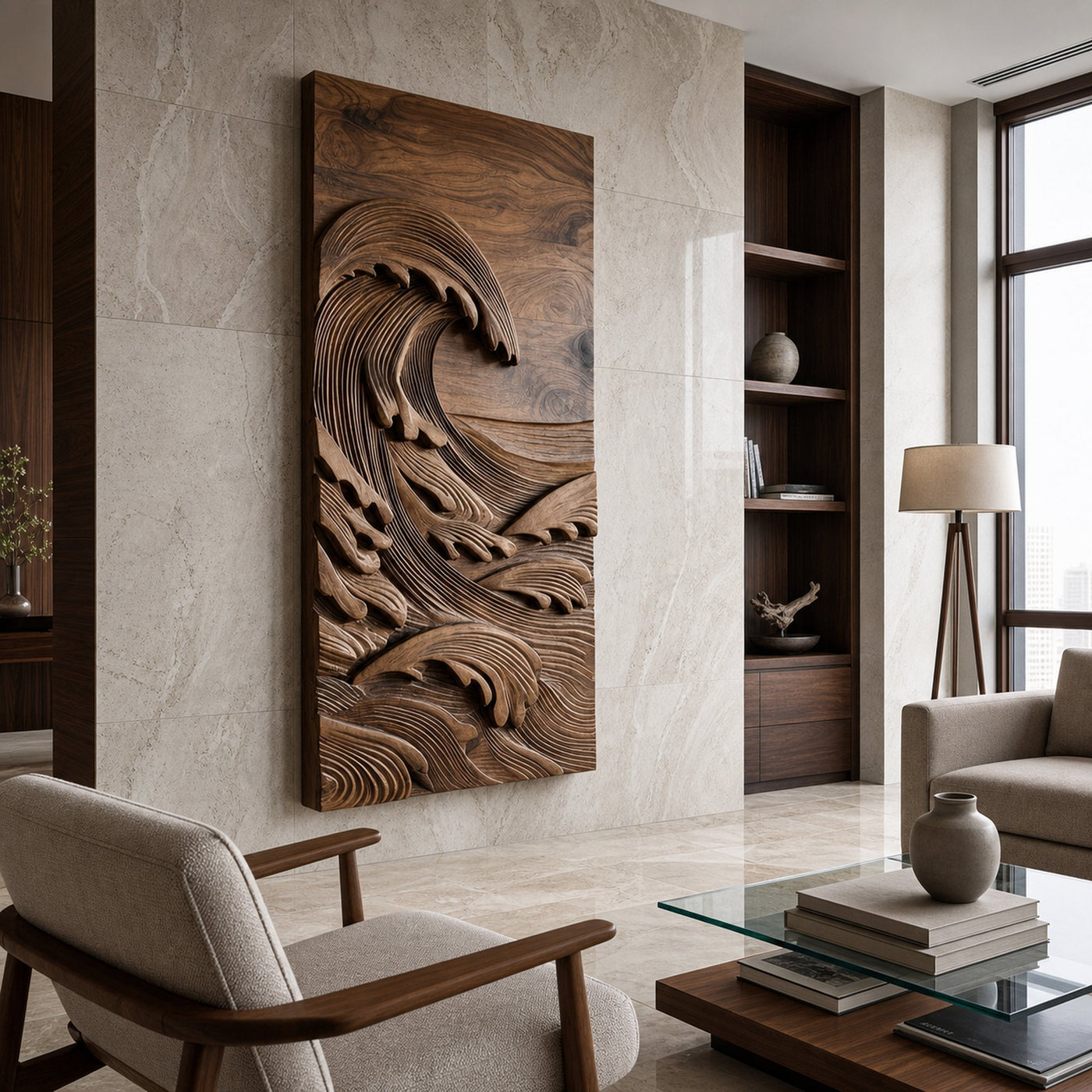 Japandi Style Carved Ocean Wood Wall Art For Home Interior - product view 6