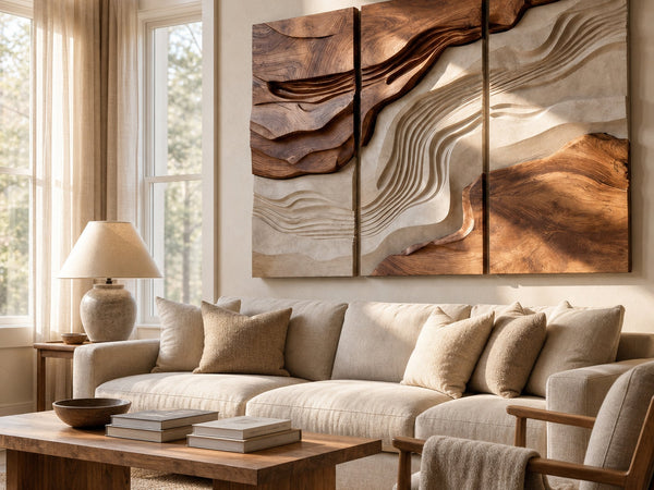 Large Triptych Wooden Wave Wall Art For Living Room