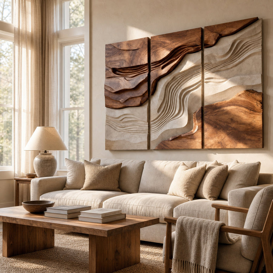 Large Triptych Wooden Wave Wall Art For Living Room