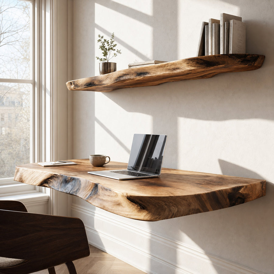 Live Edge Solid Wood Floating Desk Natural Home Office Interior