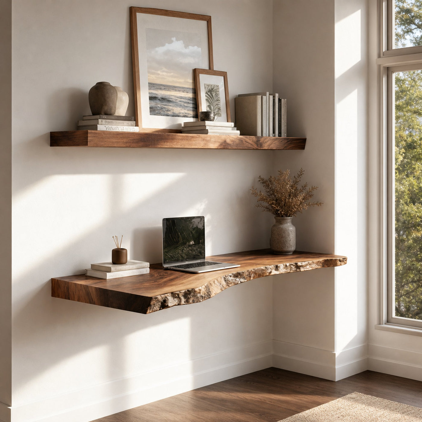 Live Edge Solid Wood Floating Desk Window Side Workspace Interior