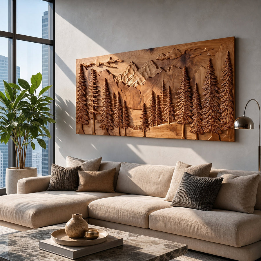 Luxury Carved Pine Forest Wood Wall Art Lodge Interior Decor