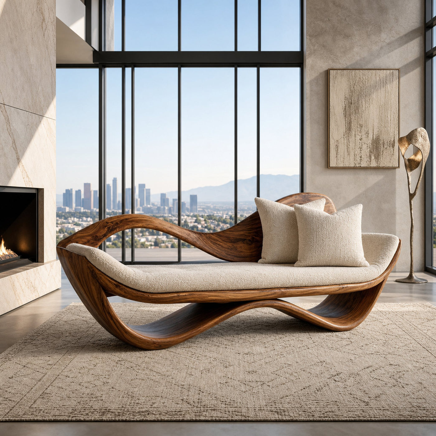 Luxury Natural Wood Sofa With Sculptural Form For Living Room