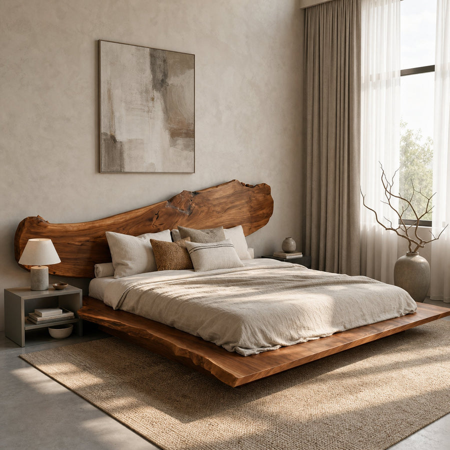 Luxury Organic Bed Frame With Sculptural Solid Wood Headboard And Floating Platform Design For Bedroom