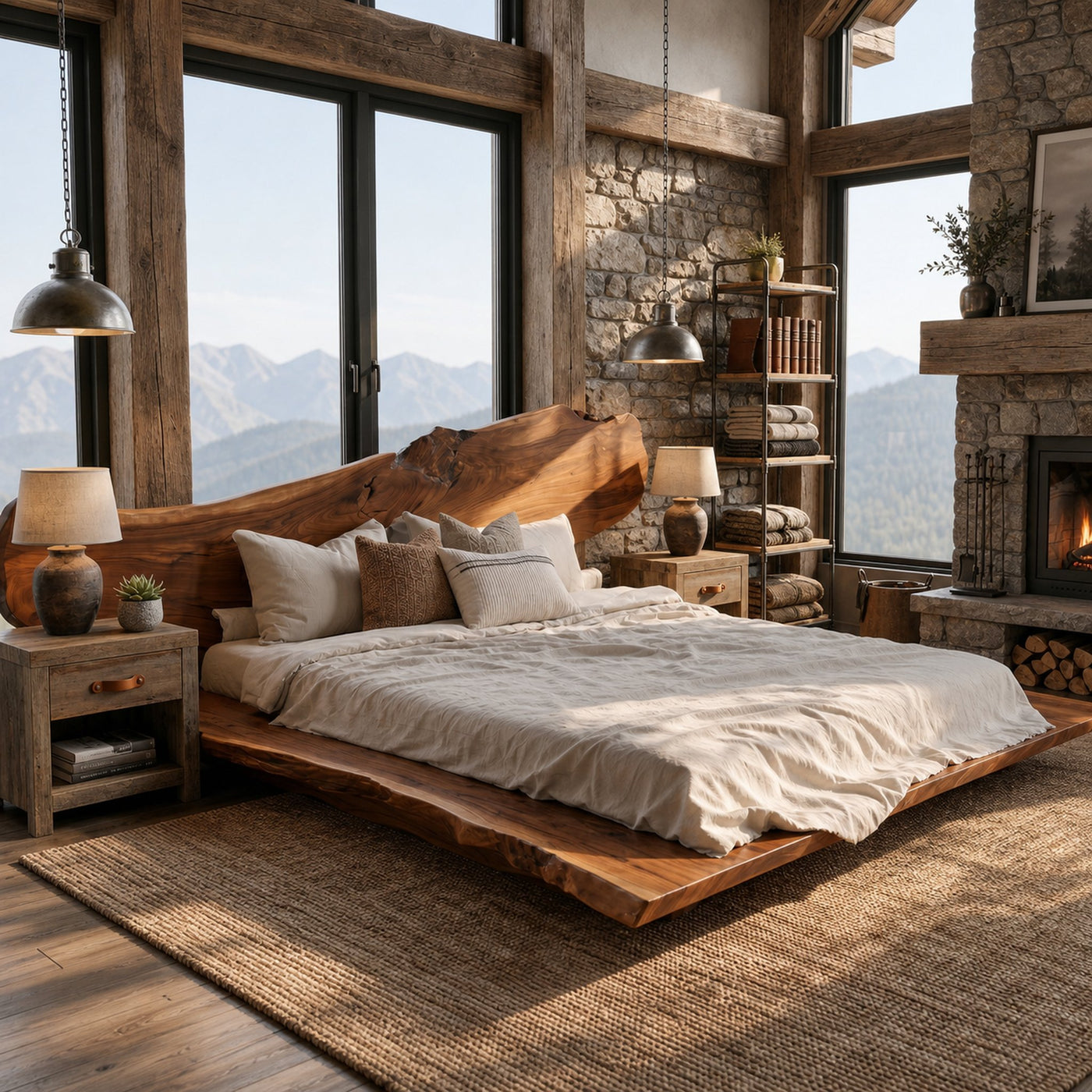 Luxury Organic Bed Frame With Sculptural Solid Wood Headboard And Floating Platform Design For Bedroom - product view 6