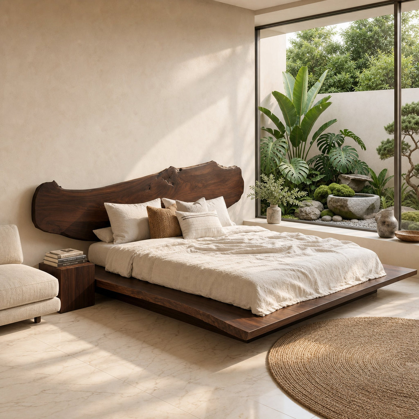 Luxury Organic Bed Frame With Sculptural Solid Wood Headboard And Floating Platform Design For Bedroom - product view 7