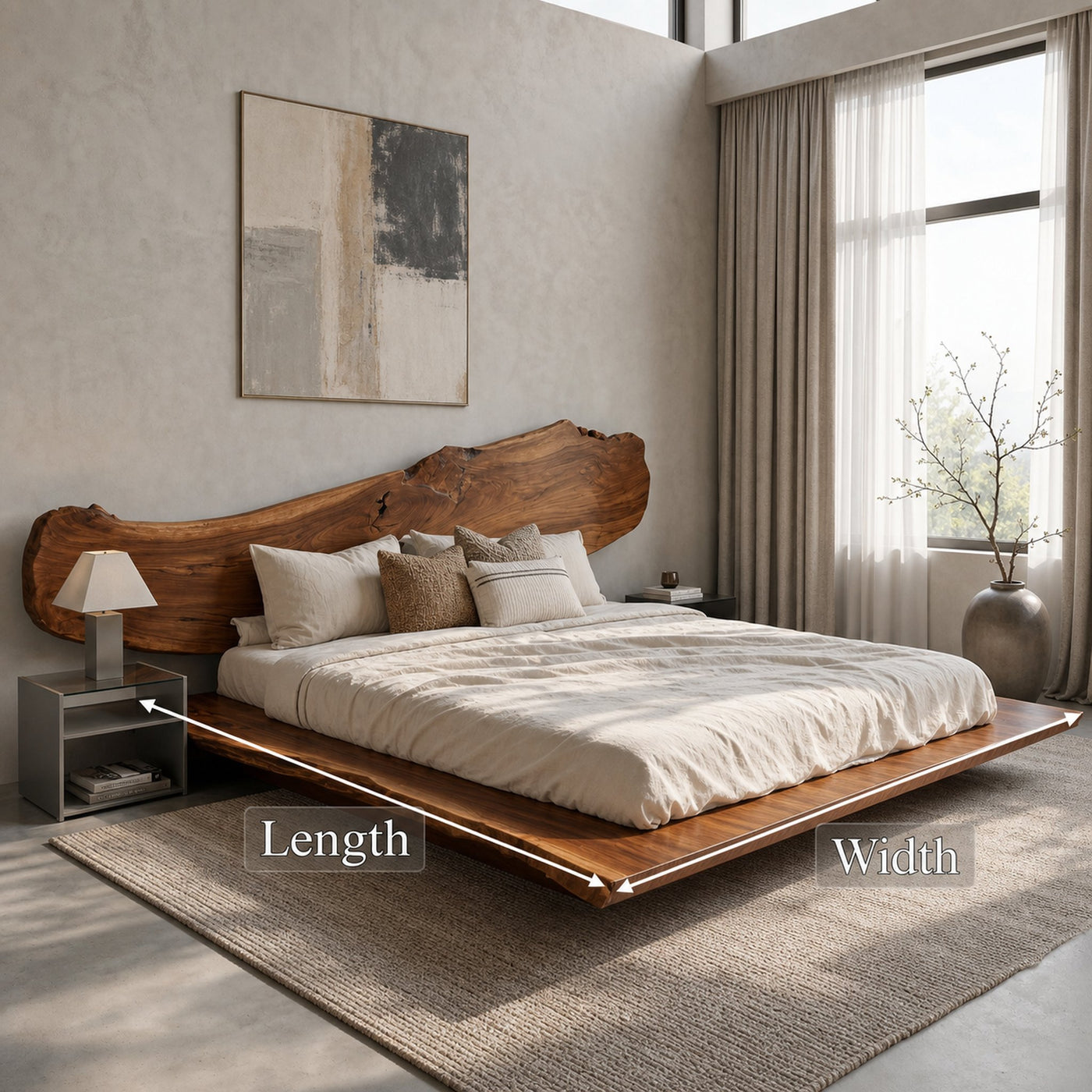 Luxury Organic Bed Frame With Sculptural Solid Wood Headboard And Floating Platform Design For Bedroom - product view 8