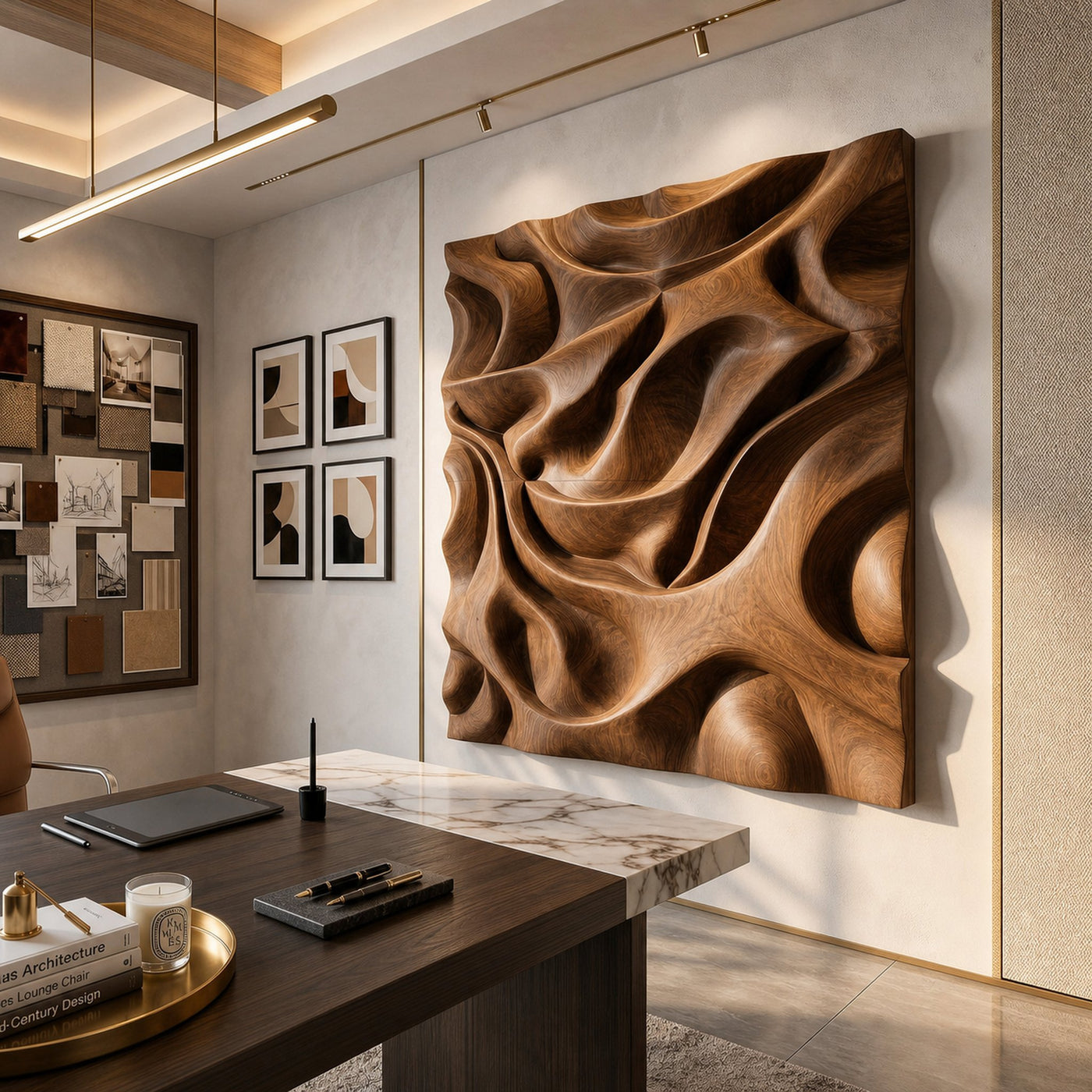 Luxury Sculptural Relief Wood Wall Art Executive Office Interior Design