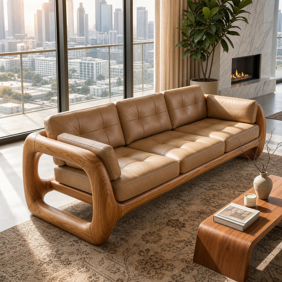 Luxury Wooden Leather Sofa For High Rise Apartment Living Room