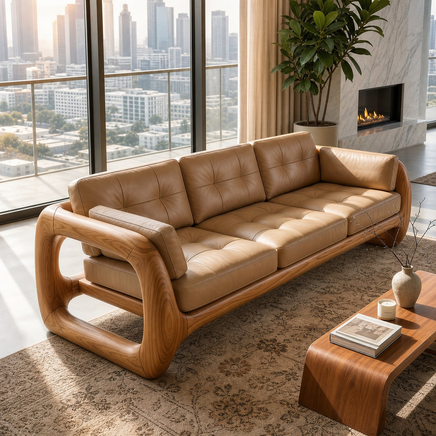 Luxury Wooden Leather Sofa For High Rise Apartment Living Room