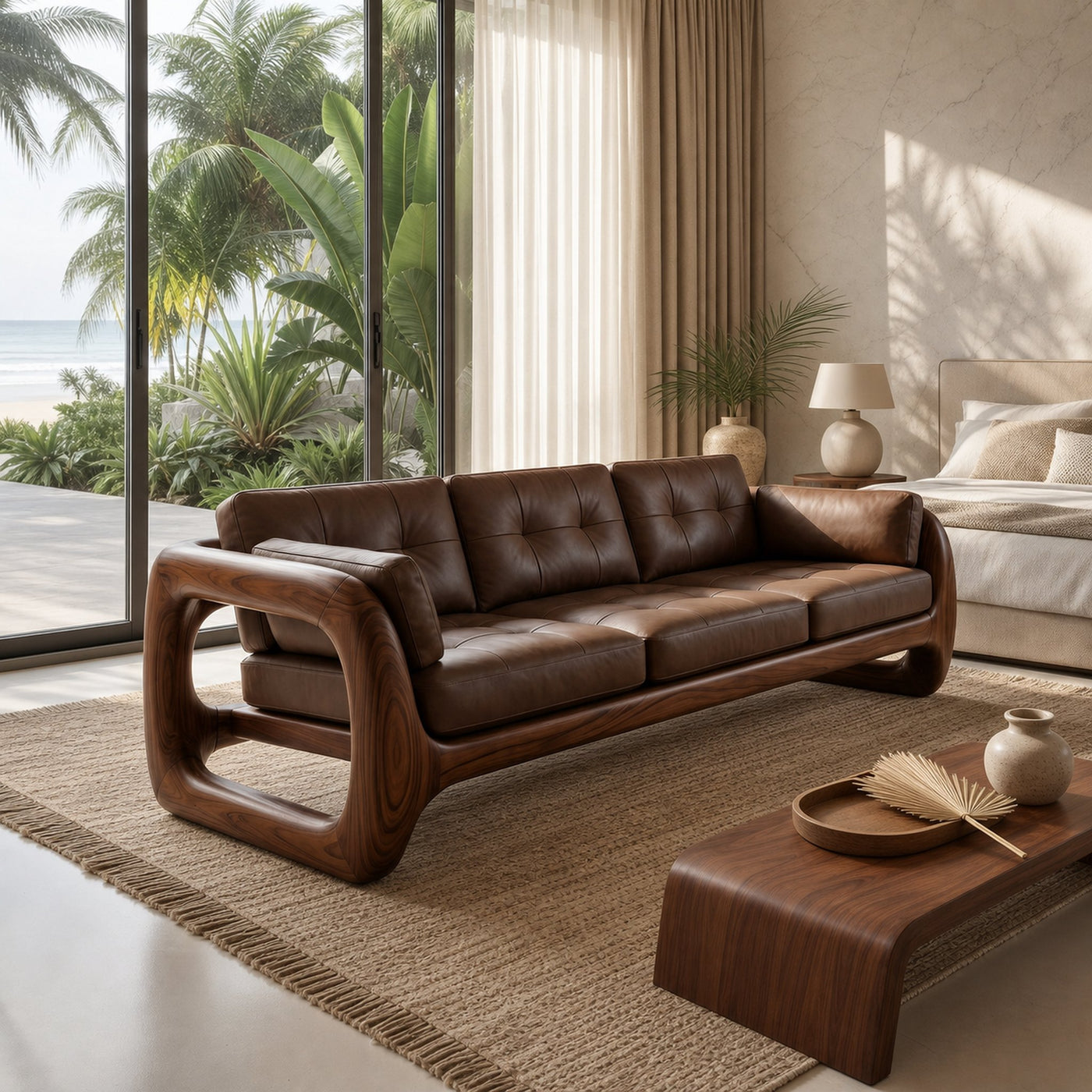 Luxury Wooden Leather Sofa For High Rise Apartment Living Room - product view 7